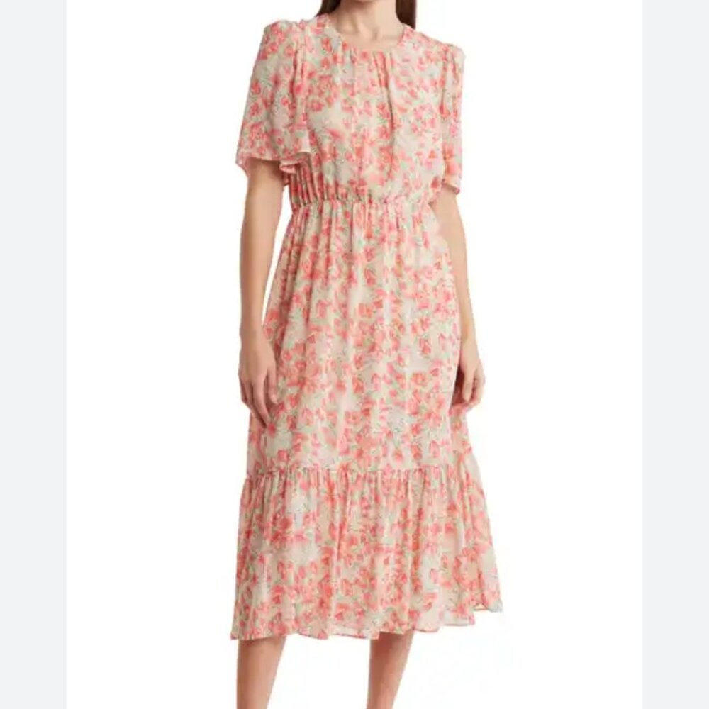 Lush Floral Short Sleeve Open Back Dress Size S